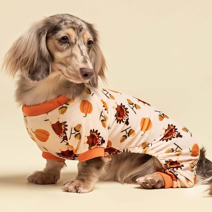 Fitwarm Thanksgiving Turkey Dog Pajamas, Funny Dog Winter Clothes for Small Dogs Girl Boy, Pet Jumpsuit, Cat Onesie with Feet, Lightweight Velvet, Orange, XXL