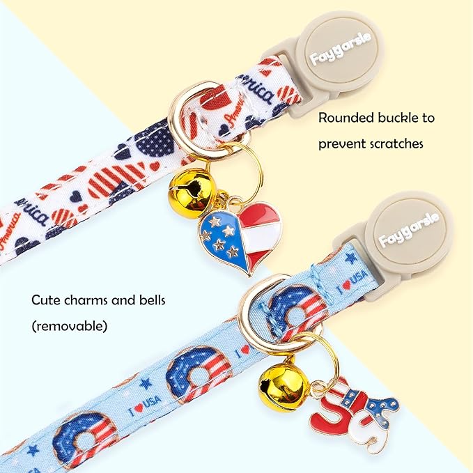 Faygarsle 2 Pack Patriotic American Flag Dog Collar Pattern Cat Collars Breakaway Safety Collar with Bell Spring Summer Design for Girl Cats, Red White Blue