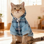 EXPAWLORER Plaid Cat Hoodie - British Style Warm Cat Sweater Shirt with Leash Hole,Pet Clothes Outfits,Winter Coat Apparel for Puppy Cats Girl Boy-Kitten Apparel,Blue M