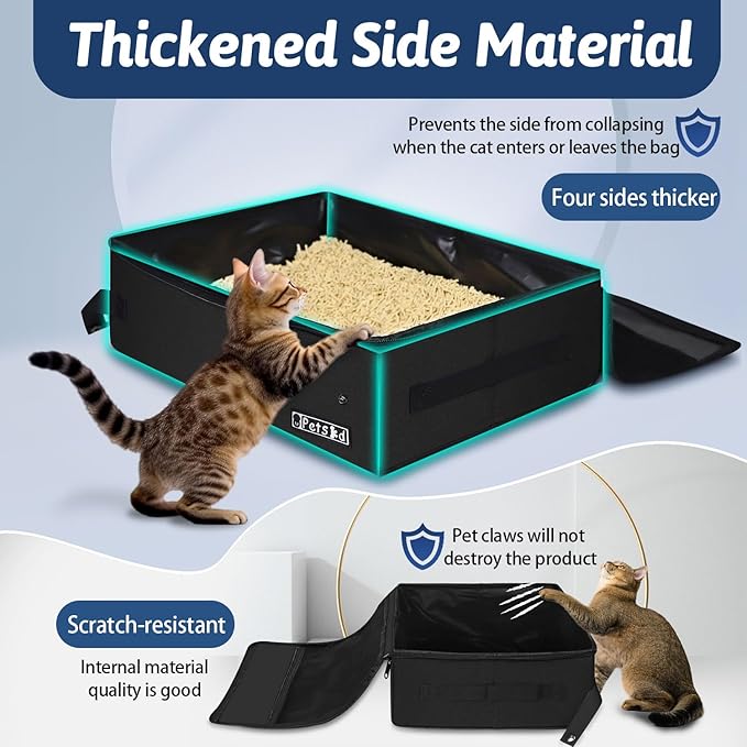 Petskd Portable Cat Travel Litter Box with Lid and 10 pcs Disposable Liner Bags, Leak-Proof and Collapsible, Cat Travel Essentials for Car, Hotel, Airplane and Other Outdoor Use(Black)