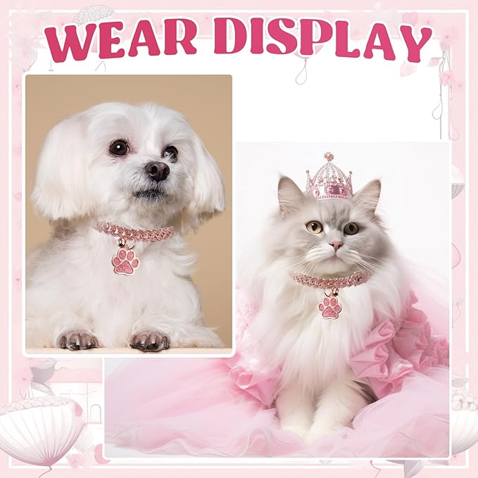 Hillban Cat Collar Diamond Chain Glitter Collar Walking Metal with Secure Buckle Cat Pet Necklace with Paw Charm and ID Tag Bell Link Cuban Jewelry Accessories Gift(10 Inch,Rose Gold, Pink)
