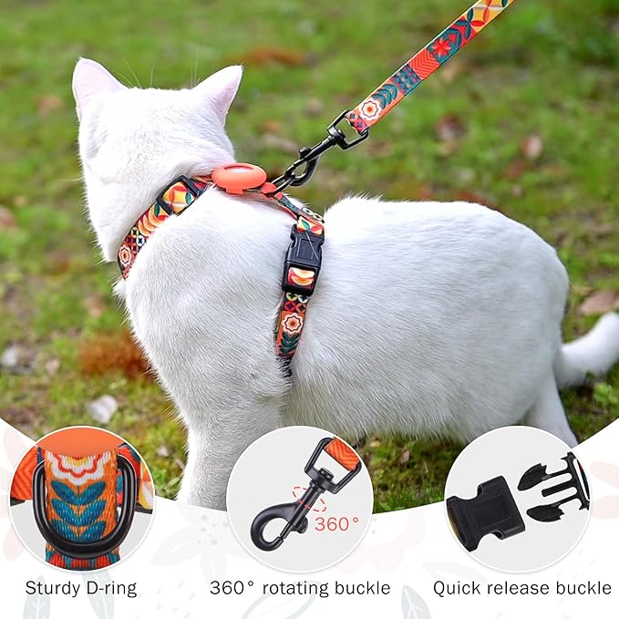 SCENEREAL Cat Harness and Leash Set Escape Proof with Airtag Holder, Adjustable Kitten Big Cats Vest Harness for Walking Outdoor Indoor, Spring Summer Holiday Strip for Cats Boys Girls
