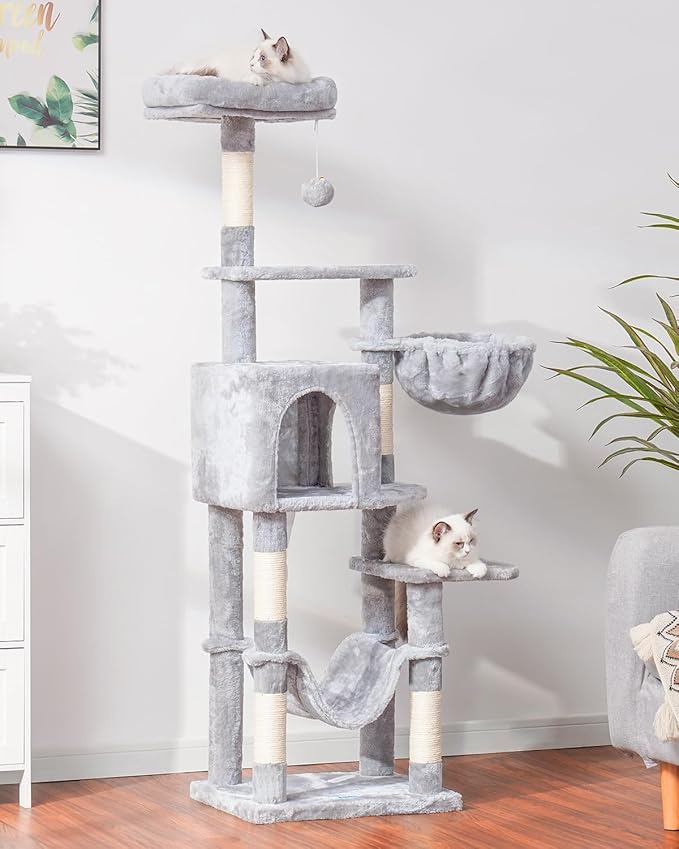 Hey-brother Cat Tree with Large Hammock, Multi-Level Cat Tower for Indoor Cats, Cat Condo with Sisal-Covered Scratching Posts and Top Perch, Light Gray MPJ050W