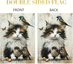 Cat and Birds Garden Flag 12x18 Inch Double Sided Outdoor Yard Banner Fluffy Kitten with Songbirds Design for Spring Summer Porch Lawn Home Decoration