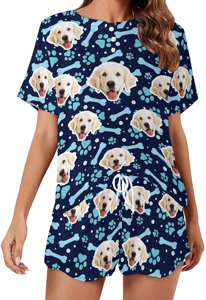 D-Story Custom Short Pajama Set with Pet Face Personalized Photo Sleepwear 2 Pieces Pjs Nightwear Xmas Gift for Women