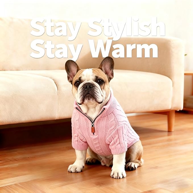 Small/Medium Dog Sweater, Warm Dog Winter Coat w/Sleeves, Comfortable High Neck Premium Dog Clothes for Bulldog-Best for Holidays, Daily Walks L Pink