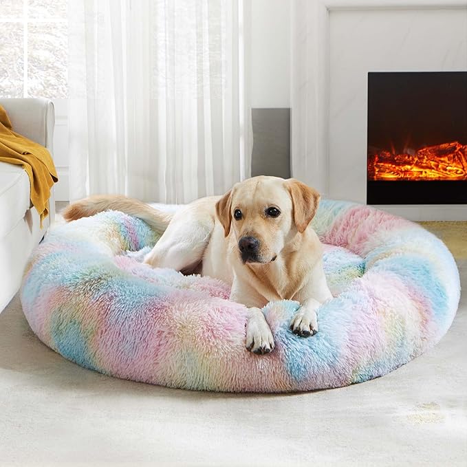 WESTERN HOME WH Calming Dog & Cat Donut Cuddler, Anti-Anxiety Warming Cozy Soft Round Bed, Fluffy Faux Fur Plush Cushion for Small Medium Dogs and Cats