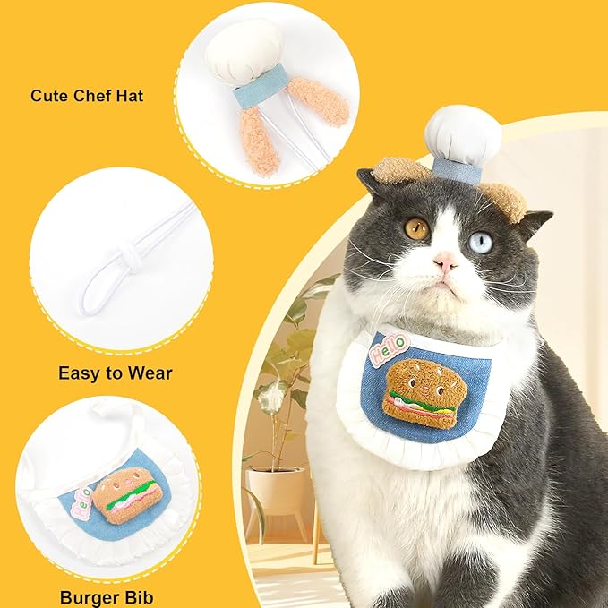HOWWFALY Cat Halloween Costumes Pet Chef Hat &Hamburger Bib Costume Set, Funny Holiday Cooking Outfit for Small Medium Cats Pets