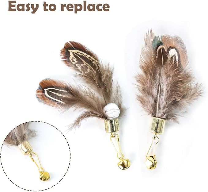 Cat Insect Feather Toys Replacement Cat Toy Wand Refills, 6 Pieces Natural Insect Cat Toy Feathers Refill, Interactive Cat Teaser Wand Attachments, with Bell