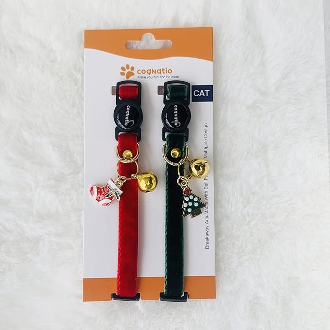 Safety Quick Release Cat Collars,Double Velvet with Bell Available in a Range Colors,Perfect for Your Kitty, Adjustable 20-30 cm (20-30cm, Christmas Set)