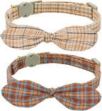 Cotton Bowtie Cat Collar with Bell 2 Pack Plaid Breakaway Kitten Collars with Removeable Bunny Ear Bow(Amber+Beige)