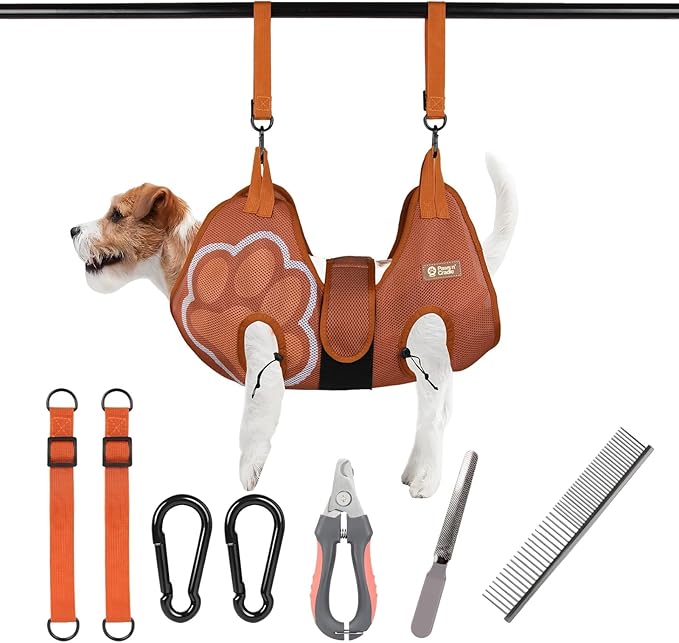 Paws n' Cradle Dog Grooming Hammock Harness for Dogs & Cats - Complete Kit with Adjustable Leg Fittings, Comb, Nail Clipper, File, Hook & Loop Strap, Adjustable Hanging Straps & Snap Hooks (Large)