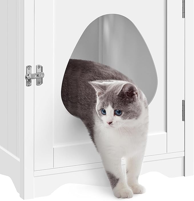 Yaheetech Cat Litter Box Enclosure, Hidden Litter Box Furniture with Side Towel Bar, Wooden Cat Washroom, Storage Cabinet, Indoor Pet House, Side Table Nightstand, White