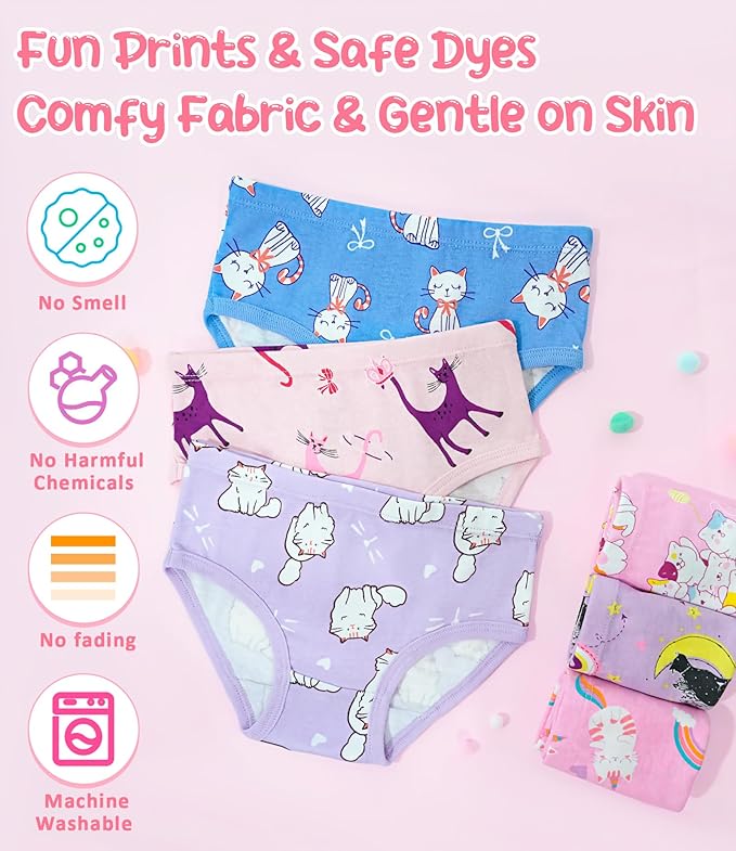 Girls and Toddlers 100% Cotton Underwear Tagless Soft Panties Size 2-3T,4-5T,6,8,10,12 (6-Pack)