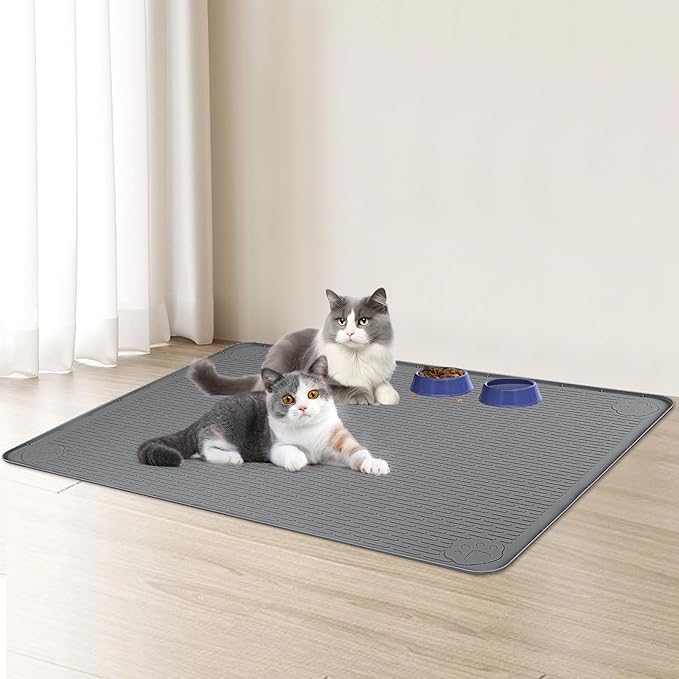 Cat Food Mat, 40" x 28" Extra Large Silicone Pet Feeding Mat with Raised Edge Pet Placemat for Food and Water Bowl Non-Slip, Easy to Clean, Floor Protection (Dark Grey)