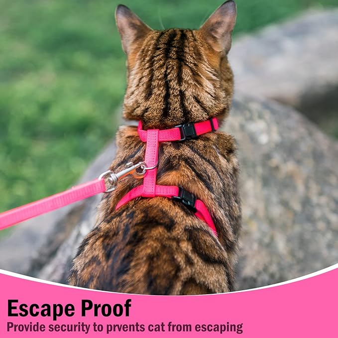 PUPTECK Adjustable Cat Harness and Leash Set Escape Proof Kitten Strap Collar for Walking Travel, Hot Pink
