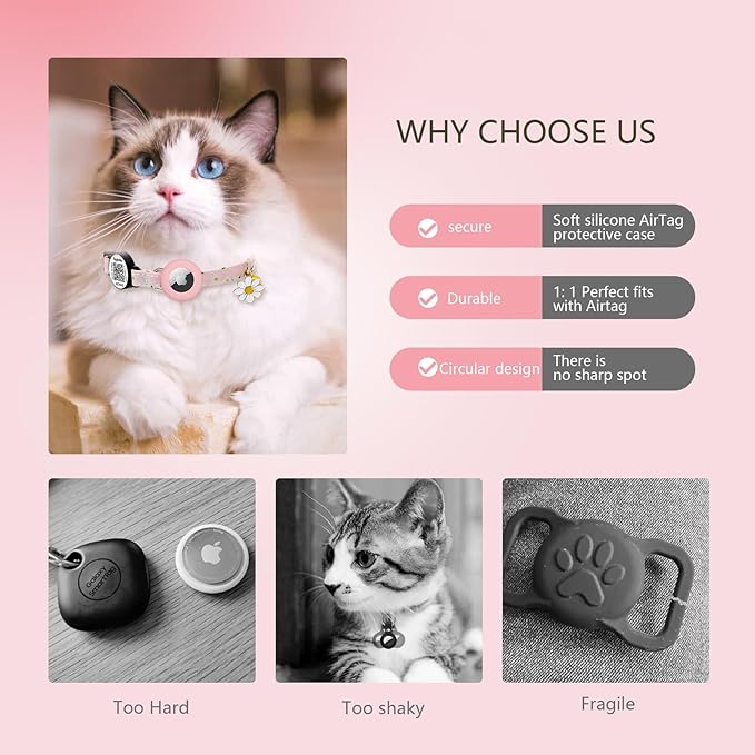 QR Code + Airtag Cat Collar, 2-in-1 Breakaway Safety Collar with Online ID & Apple AirTag Holder, Lightweight with Bell & Flower Charm for Cats, 8-13in (Pink)