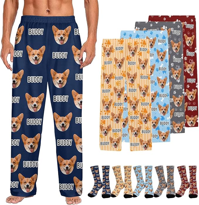 Custom Couple Pajama Pants Sock with Funny Face, Personalized PJ Anniversary Birthday Women Men Pants