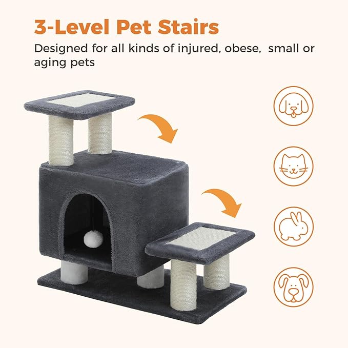 3-in-1 Dog Stairs & Cat Scratching Post with Condo, Pet Steps for High Bed, Sofa, Couch, Tall Cat Tower, High-Strength Board for Indoor Small Cats Kittens Dogs Climbing Playing, 3 Steps-Dark Grey