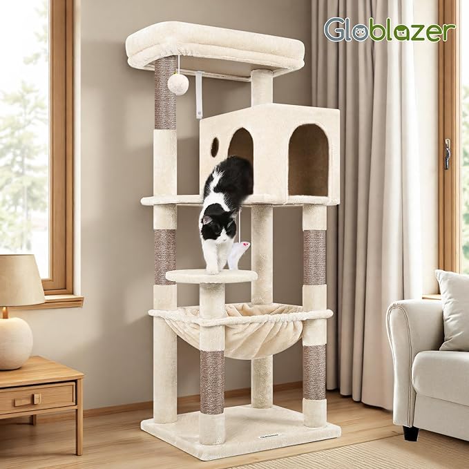 Globlazer Cat Tree Tower with Scratching Post for Indoor Cats, 53inch Tall Plush Multi-Level Cat Climbing Tower Condo House with Large Hammock, Spacious Cat Cave, Big Padded Top Perch Bed, F53, Beige