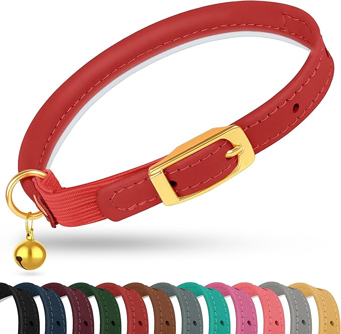 OOPSDOGGY Rolled Leather Cat Collar with Bell - Reflective Kitten Collar with Safety Elastic Strap - Adjustable Small Pet Collars for Boy Girl Cats (Red)