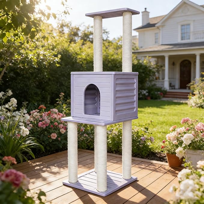 61.5” Indoor and Outdoor Cat Tree Tower, Cat House for Outdoor Cats, Weatherproof Large Cat Condo with Scratching Posts for Catio