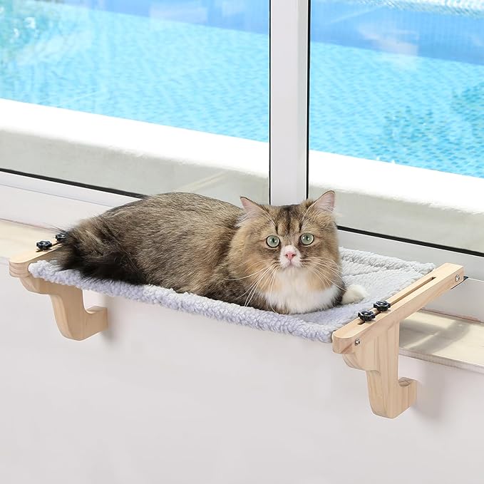 Zakkart Easy Seat Cat Perch for Window Sill - Hammock Design w/Pine Wood & Robust Metal Frame - Cat Window Seat for Large Cats and Kittens (Natural Color Wood w/Gray Bed, Medium (23''W x 14''D))