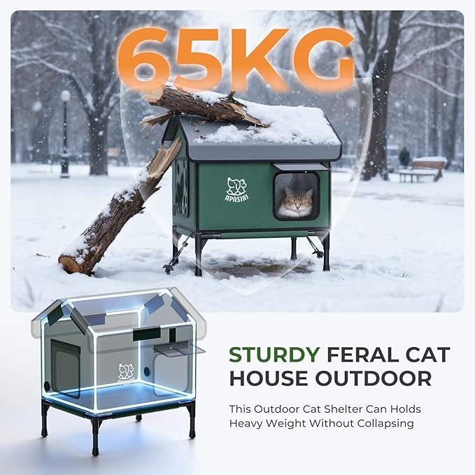 Apasiri Heated Cat House Weatherproof - Insulated Outdoor Cat Shelter with Thermostatic Heating Pad, Water Resistant 900D Oxford Feral Cat House with Anti-Peep Curtains Escape Door for Winter, Large
