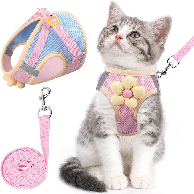 Cat Harness and Leash Set for Walking Escape Proof, Adjustable Kitten Harness Breathable Mesh with Reflective Strips Harness with Flower for Kitty Puppy Bunny