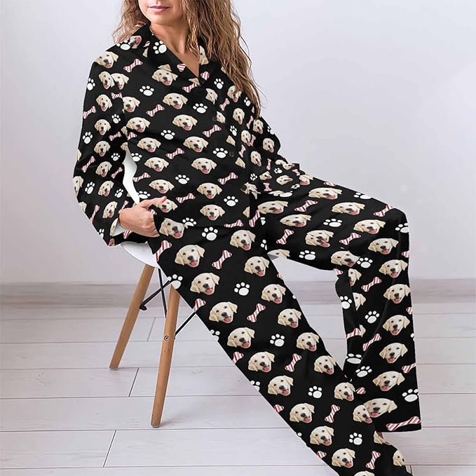 MyPupSocks Custom Face Pajamas for Women Set, Personalized Photo Long Sleepwear XS-XXL