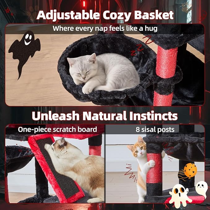 Taoqimiao Gothic Cat Tree 57.5-Inch, Cat Tower for Indoor Cats Large Adult, Extra Large Cat Condo, 8 Sisal Scratching Posts, Metal Frame Cozy Hammock, Durable Scratch Board, 2 Top Perches, MS026BR