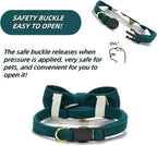 Soft Corduroy Cat Collar with Bell and Bowtie, Safety Breakaway Clasp, Adjustable for Kitten and Cats Green Color.