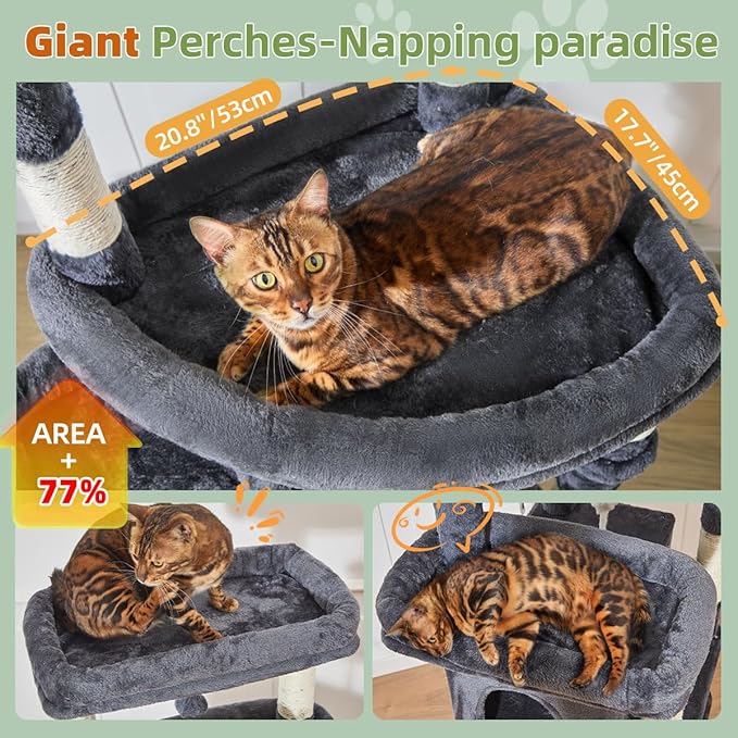 Taoqimiao 71 Inches Cat Tree for Large Cats 20lbs+, 3 Giant Perches, Multi-Level Cat Tree Tower, Widened Cat Condo with 9 Scratching Posts, Luxurious Hammcock & Basket, Smoky Gray, MS034G