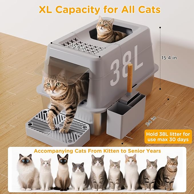 Stainless Steel Litter Box with Lid, XL Closed Metal Litter Box Modular Design with Flip Lid Fits All Cats, Extra Large Covered High Sided Cat Box, Scoop, Non-Sticky, Easy Cleaning, Grey