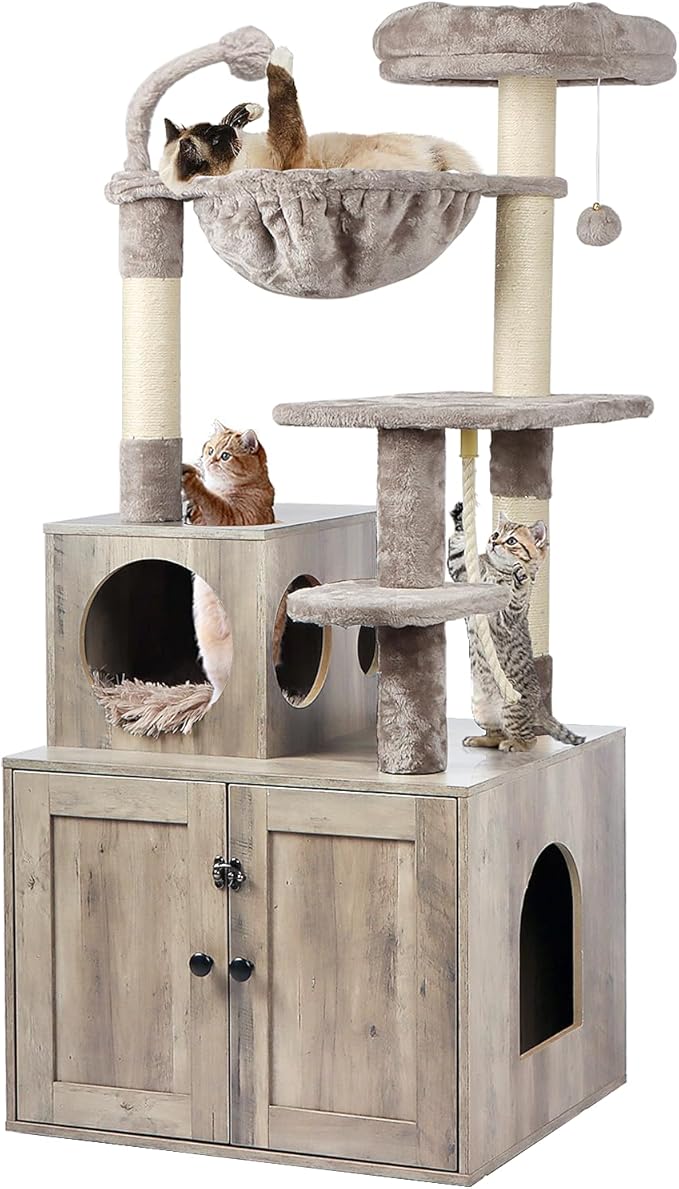 Cat Tree with Litter Box Enclosure, 2-in-1 Cat Tower for Indoor Cats, Large Wood Cat Condo with Basket, Scratching Posts, Pompoms, Grey