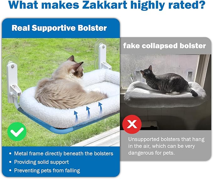 Zakkart Foldable Cat Hammock for Window - Cordless, Embeded Machine Washable Bed, Robust Metal Frame - Cat Window Perch for Large Cats and Kittens (White Bolster Bed, Large)