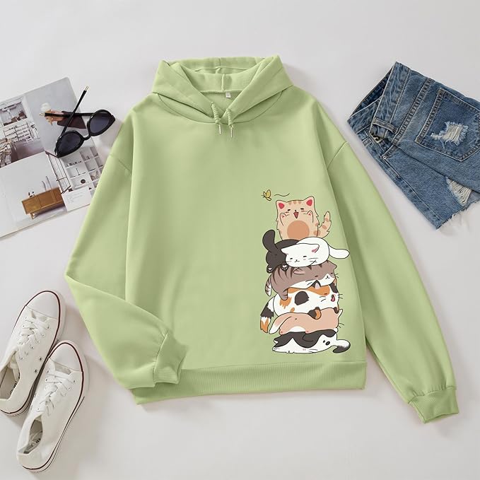 Tuislay Cute Cat Graphic Hoodies for Teen Girls Kawaii Cartoon Printed Hoodie Women Anime Print Hooded Sweatshirt Pullover