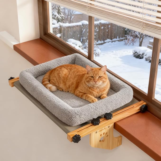 Cat Window Perch - Drill-Free Adjustable Sill Hammock, Sturdy Wood & Metal Frame, Washable Non-Slip Bed Cover, Easy Install for Indoor Cats & Multi-Cat Families (Grey,XL)