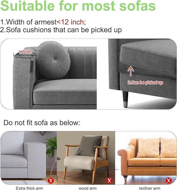 Cat Scratch Couch Protector,23.6" L*19.6" W Scratching Furniture Protector Pad,Cat Scratch Sofa Arm Sheild with Grey Natural Sisal for Protecting Couch Sofa Chair Furniture (Grey/Right Hand)