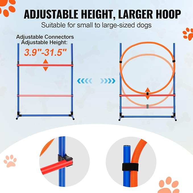 Happybuy Dog Agility Training Equipment, 4 PCS Set with Adjustable High Hurdles,6 Weave Poles,Jump Ring,Square Pause Box,Whistle,Foldable Bowl, Puppy Obstacle Course Kit for Backyard, Indoor, Outdoor