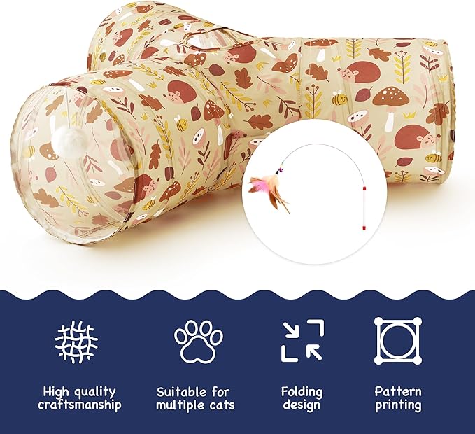 Tempcore Pet Cat Tunnel Tube Cat Toys 3 Way Collapsible, Cat Tunnels for Indoor Cats，Kitty Tunnel Bored Pet Toys Peek Hole Toy Ball Puppy, Kitty, Kitten, Rabbit Khaki Hedgehog