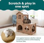 FurHaven Farmhouse Multi-Level Cardboard Cat House for Indoor Cats with Catnip & Toys, Double-Walled Corrugated Scratcher Designed for Lounging, Play & Comfort, One Size, Cardboard, Brown