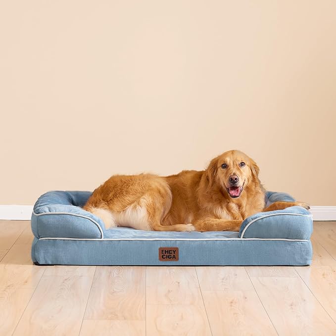 EHEYCIGA Orthopedic Dog Beds for Extra Large Dogs, Waterproof Memory Foam XXL Dog Bed with Sides, Non-Slip Bottom and Egg-Crate Foam Big Pet Couch Bed with Washable Removable Cover, Washed Blue