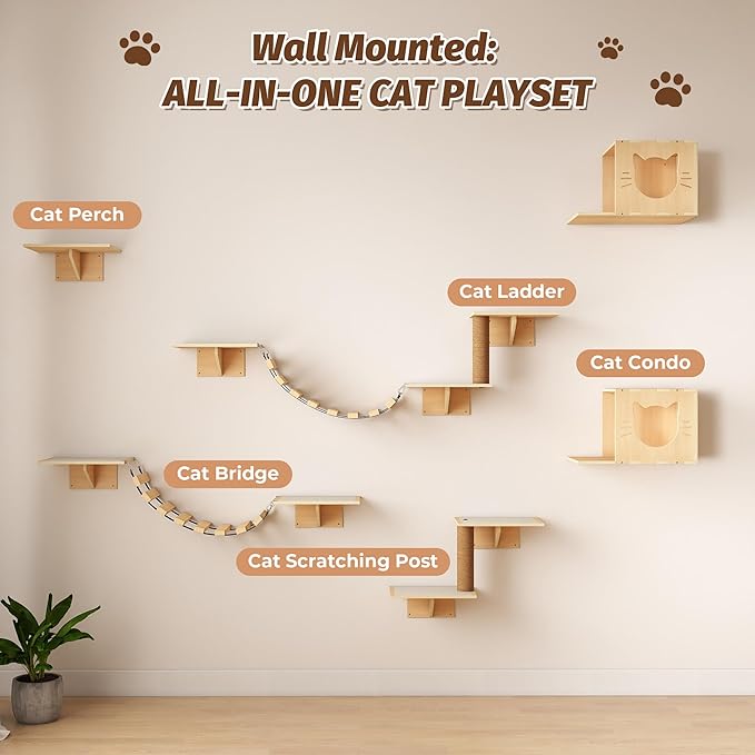 COZIWOW Cat Wall Shelves, 8-In-1 Cat Wall Furniture Set, Wood Large Cat Shelves for Wall with Scratching Post, Indoor Cat Climbing Wall Activity Center for Climb, Play, Rest, and Scratch, Natural Wood