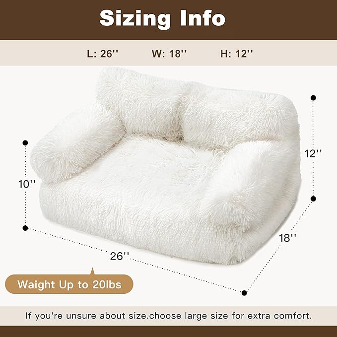 Large Cat Beds for Indoor Cats, Dog Couch Bed, Cute Cat Couch Sofas for Less 20lbs Kitten Puppy, Small Dog Sofas & Chairs with Removable Washable Cover, Soft Warm Pet Furniture, Plush White