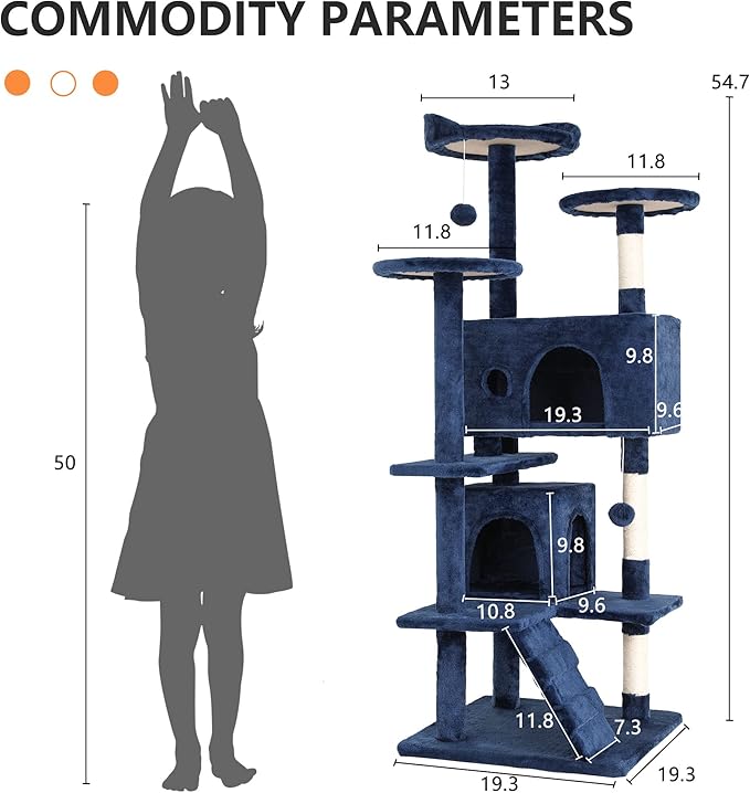 BestPet | 54" Cat Tree Tower | Navy Blue | Sturdy, Easy to Assemble, Multi-Level Activity Center with Sisal Scratching Posts, Condos, Perches, Hanging Cat Toys, Observation Decks & Ladder