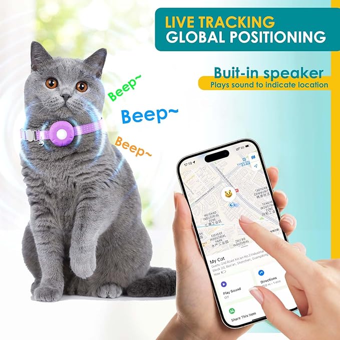 Cat Tracker, MINI Pet Tracker for Cats, No Monthly Fee, Waterproof Cat GPS Tracker, Compatible with Apple Find My App(Only iOS), Real-Time Tracking, Precise Positioning, Smart Alerts