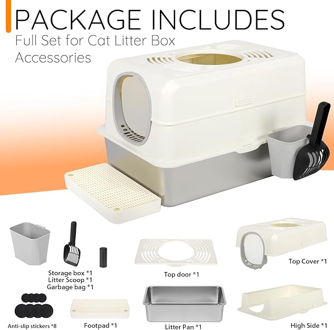 Cat Litter Box with Lid,Extra Large Enclosed Removable Cat Litter Boxes ，Stainless Covered，Top Entry Metal Kitty Litter Box with Cover.High Sided Enclosure with Scoop-White