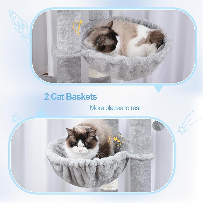 Hey-brother Cat Tree Tower, Scratching Posts with Extra Large Platform, Specious Condo, 2 Cozy Hammocks, Self-Grooming Brush for Indoor Adult Cats, Maine Coon 51.1 inches, Light Gray MPJ070W