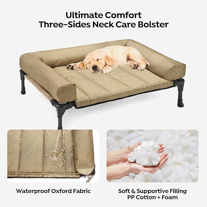 Veehoo Cooling Elevated Dog Bed Add Removable Waterproof Bolster Cushion Mat, Raised Pet Cot with Breathable Teslin Mesh, No-Slip Feet, Dog Couch Bed for Indoor Outdoor, 32x25inches, Beige, CWC2331B